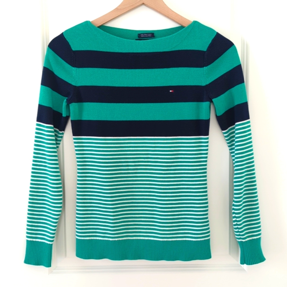 Tommy Hilfiger Green Navy White Stripe Slim Cotton Sweater